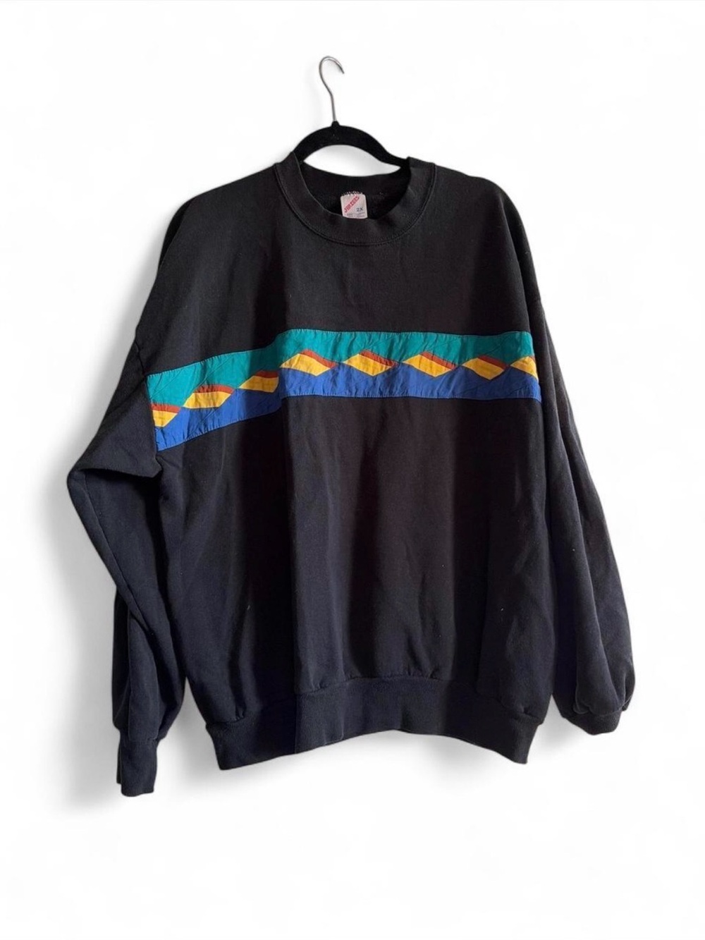 Jerzees Black Crewneck Sweatshirt with Teal, Blue, Yellow & Orange Stripe